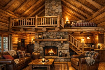 Obraz premium A warm and inviting living room with comfortable furniture and a crackling fireplace