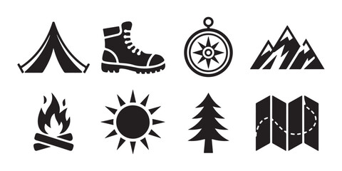 Camping and outdoor adventure travel icon set with tent boot compass mountains fire sun tree and map icons. © Moni