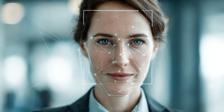 Young professional woman with a smart facial recognition technology background, showcasing innovation in artificial intelligence and data analysis in modern workplace