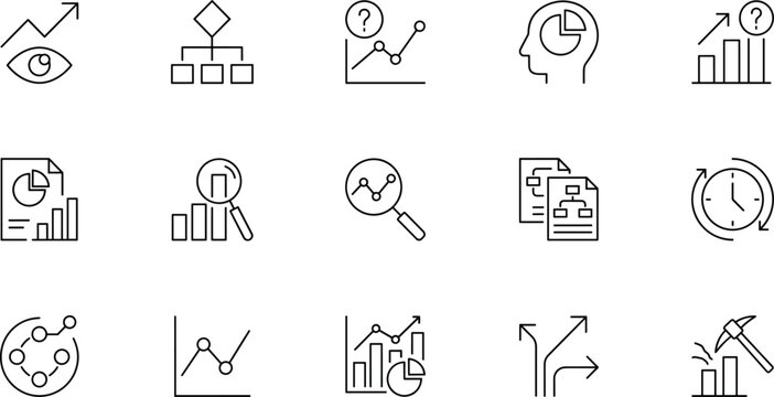 Predictive analytics data science and business forecasting vector icon set with chart algorithm insight projection and data mining graphic symbols.