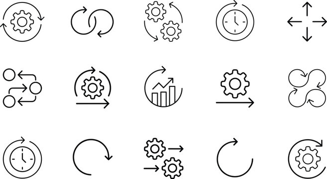 Workflow process automation and continuous improvement vector icon set with gear cycle infinity loop graph and time management symbols.