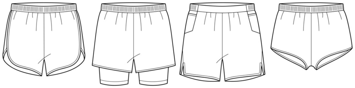 flat sketch set of double layer and split leg running shorts vector illustration. CAD mockup.