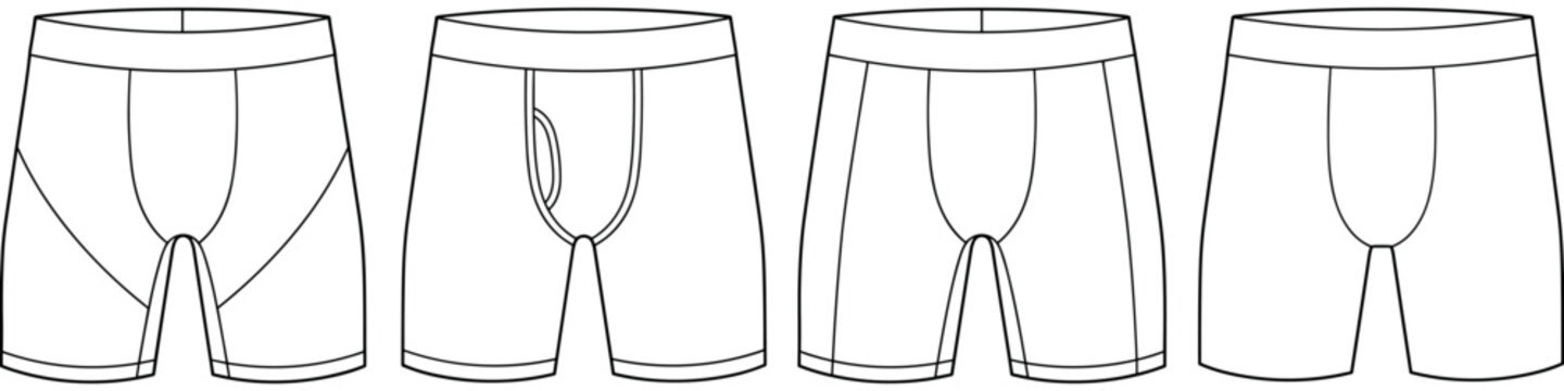 flat sketch set of mens performance boxer briefs and base layer shorts vector illustration. CAD mockup.