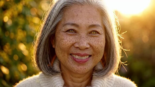 Senior Asian Woman Smiling Freckled Face Golden Hour Portrait - A close-up portrait of a senior Asian woman with distinct freckles and green eyes, smiling warmly outdoors during the golden hour.