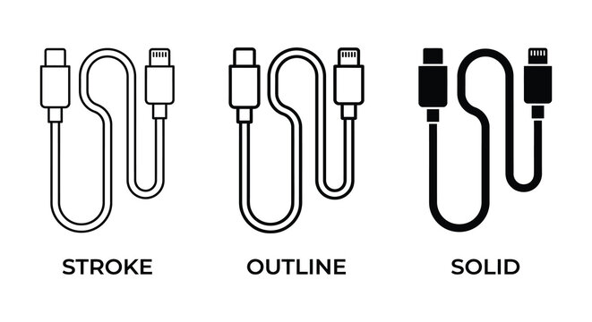 Usb Cable Icons In Stroke Outline And Solid Styles On White Background