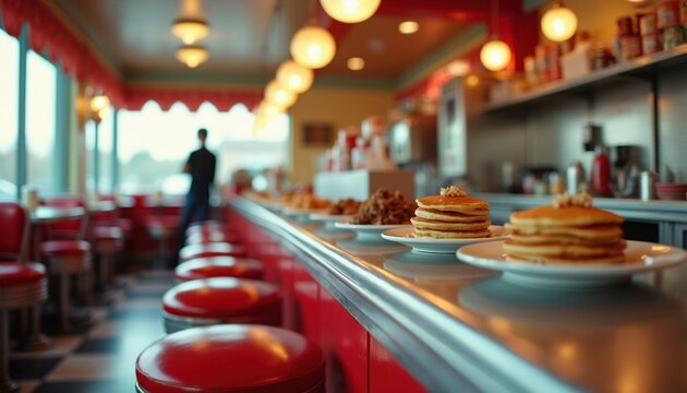 Diner counter with red stools and plates of food. Pancakes stacked high on white plates sit on polished metal. A lone man stands near windows. Warm lighting illuminates the retro interior space.