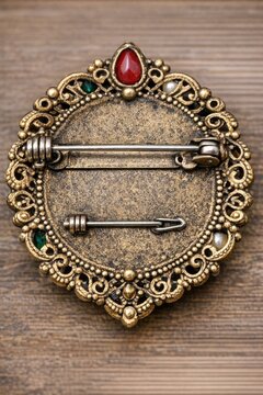 Close-up shot of a decorative brooch on a wooden background