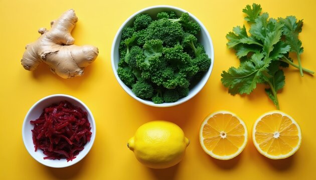 Fresh ginger, shredded beets, kale, cilantro, lemon, and orange halves are arranged on a bright yellow surface. Ingredients for healthy eating. Colorful vitamins and minerals.