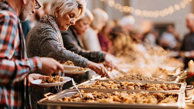 Community members serving main course during a charity buffet dinner, steam rising from warm food trays at a festive gathering