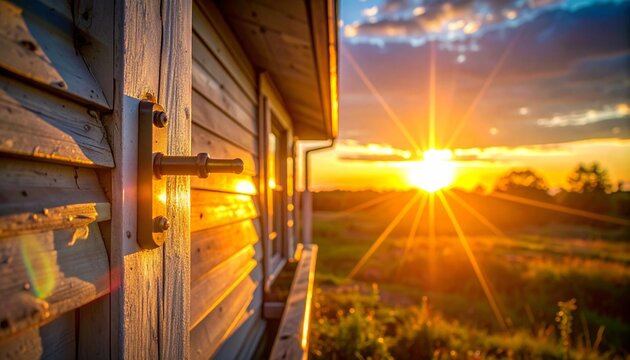 Golden hour sunbeams streaming through rustic wooden barn windows.