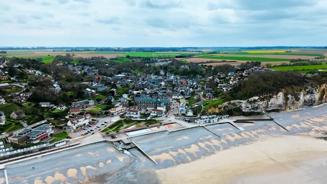 Veules-les-Roses townscape from drone, Normandy, France. French seaside village with dense residential layout and local architecture