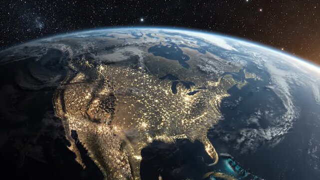 Earth At Night From Space With City Lights - A stunning view of Earth from space at night, showcasing the glowing city lights across North America and illuminating continents.