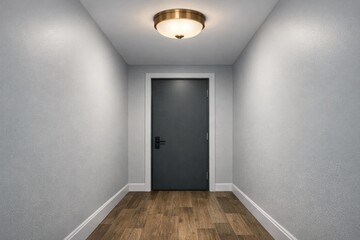 Fototapeta premium A simple hallway with a door and wooden floor, ideal for use in interior design or architecture scenes