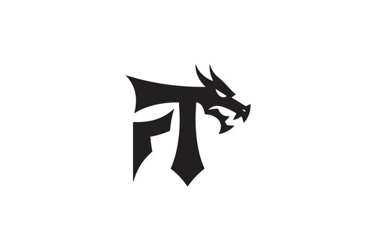 Ferocious dragon head integrated into bold pt letterform logo design