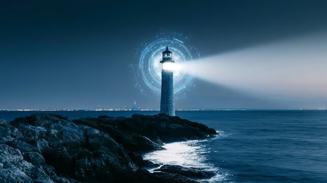 Modern lighthouse standing on rocky shoreline, emitting a powerful light beam with glowing holographic technology into the dark sea
