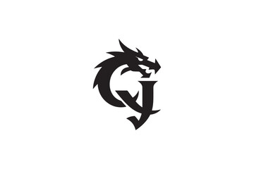 Fototapeta premium Fierce dragon head embellishing elegant qj initials logo design