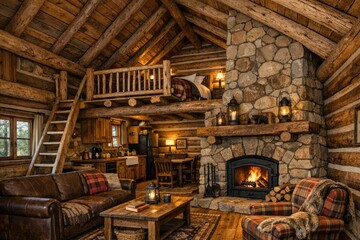 Obraz premium A warm and inviting living room with comfortable furniture and a fireplace