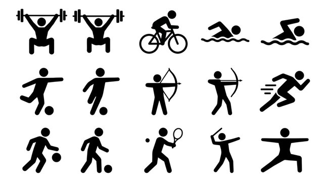 Minimalist sports pictograms, dynamic human silhouettes, athletic motion icons, black vector design for signage, infographics, and educational visual communication.