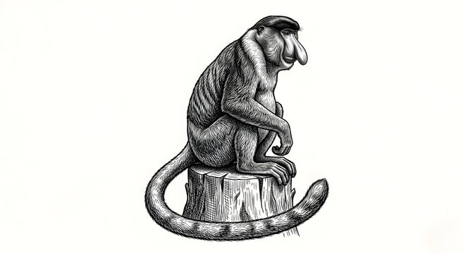 Hand drawn engraving illustration of a proboscis monkey sitting on a tree stump