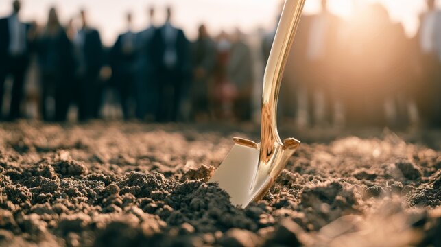 Golden ceremonial shovel digging into soil during a formal groundbreaking ceremony. Blurred businesspeople stand in the background