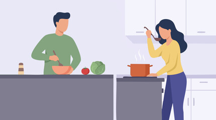 Fototapeta premium Couple cooking together in a modern kitchen, preparing a healthy meal