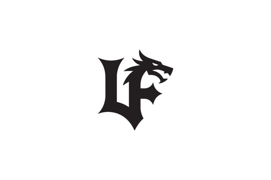 Gothic letter l and f intertwined with a fierce dragon head logo symbol