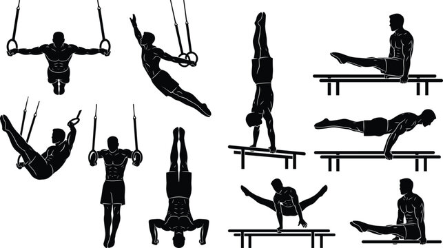 Gymnastics and Calisthenics Athlete Silhouette Icon Set Featuring Vector Illustration of Male Gymnast Performing on Still Rings and Parallel Bars