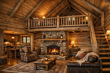 Obraz premium A warm and inviting living room with comfortable furniture and a crackling fireplace