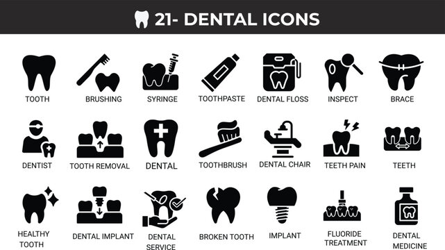 Set of 21 Black Dental Icons. Modern Simple Vector Collection.