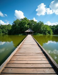 Fototapeta premium Wooden pier on green water leads to gazebo surrounded by trees under blue sky with clouds. Peaceful natural landscape invites quiet contemplation and outdoor exploration.