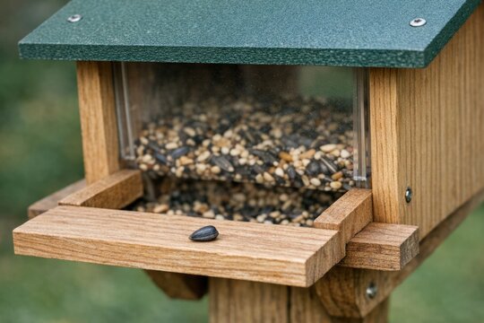 A bird feeder filled with various types of seeds