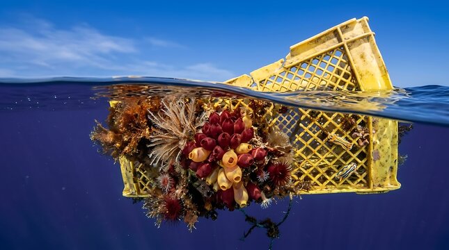 Marine life growing on a discarded plastic crate floating in the ocean