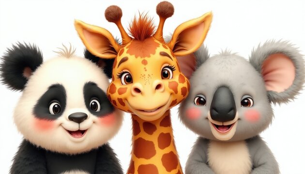 Close up cartoon portrait of happy panda, giraffe and koala friends smiling together. Cute animals with big eyes and fluffy fur. White background graphic.