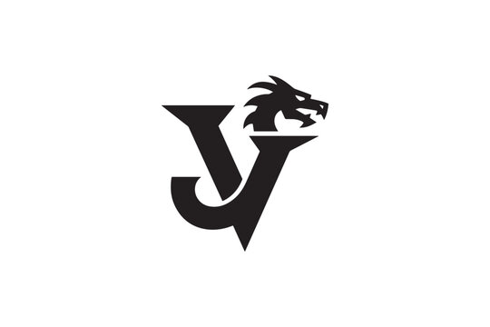 Jv monogram logo design featuring a fierce dragon head symbol