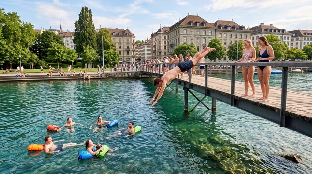 Summer Dive into City Waters: A thrilling dive from a wooden platform into clear turquoise water.