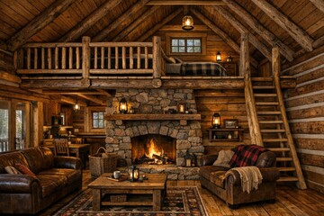 Obraz premium A warm and inviting living room with comfortable furniture and a fireplace, perfect for relaxing or spending time with family