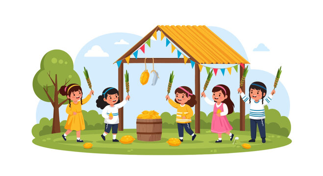 Children celebrating Sukkot holding lulav and etrog near a festive sukkah.