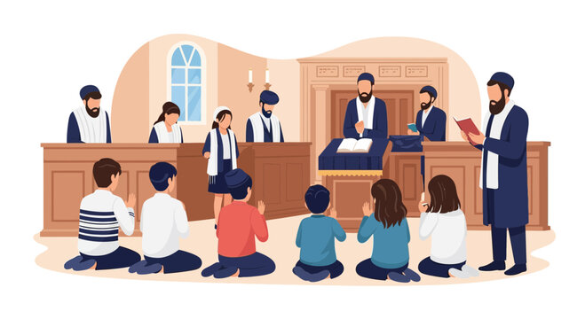 Children and adults engaged in religious learning and prayer within a synagogue setting