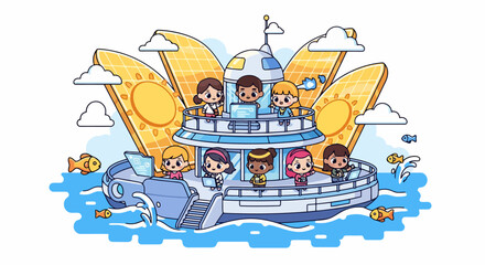 Naklejka premium Happy diverse children enjoying a boat trip on the ocean.