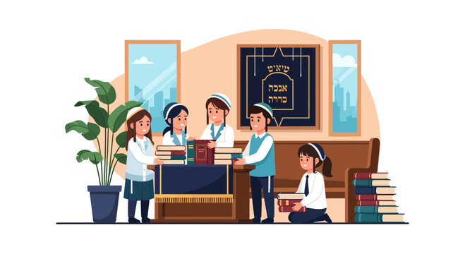 Children in a religious school setting organizing books and learning together