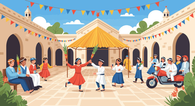 Children joyfully celebrating Sukkot festival with dance and traditional items in a festive courtyard