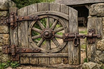 Obraz premium A wooden gate with a wooden wheel attached to it, perfect for rustic or vintage-themed designs