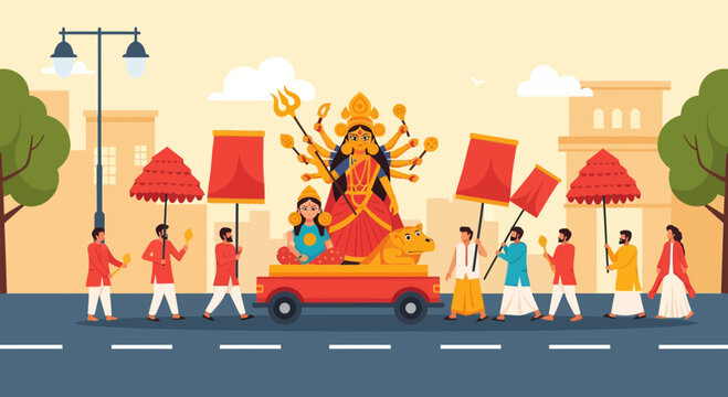 Goddess Durga Procession During Festival Celebration with People and Banners