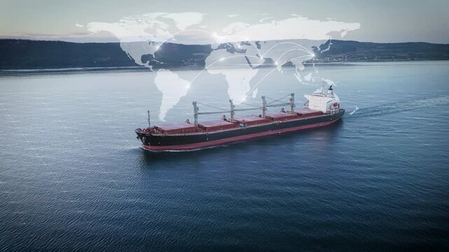 AI Logistic and transportation technology Cargo dry bulk ship in sea. International import export trade dry cargo