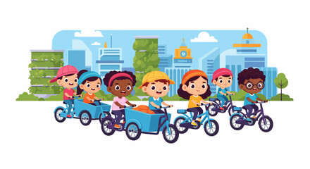 Naklejka premium Diverse group of happy children riding bicycles in a city.