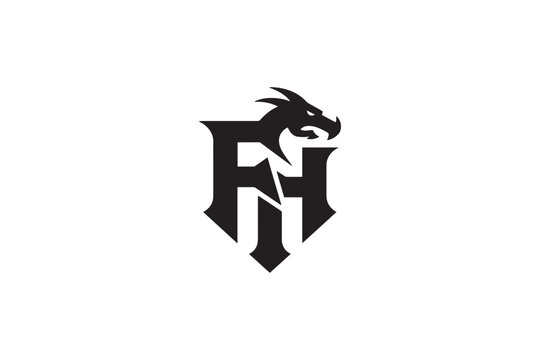 Fantasy dragon head emblem merges bold fh monogram for mythical branding