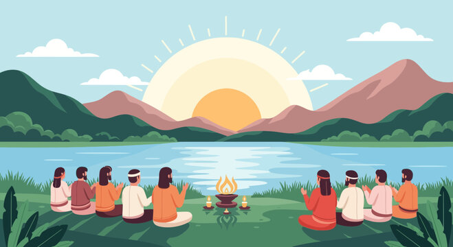 People gathered by a lake at sunrise for a spiritual ceremony, with mountains and sun in the background, conveying peace and community.