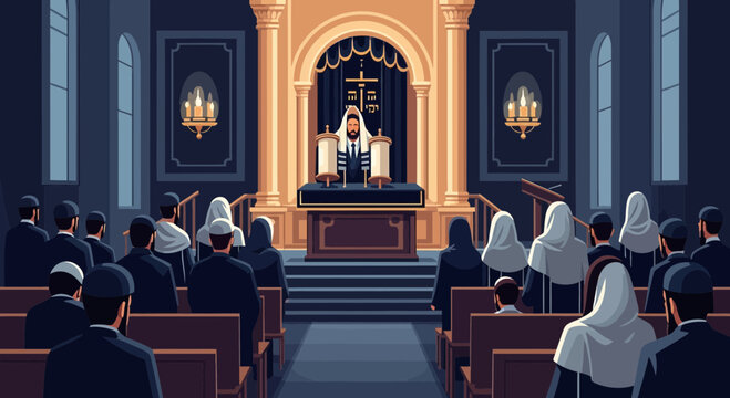 Rabbi Leading a Jewish Congregation in Prayer Before the Torah Scrolls Within a Synagogue
