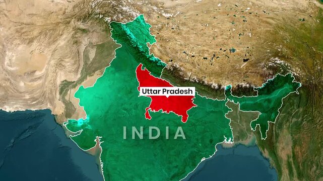 Detailed map animation highlights the Uttar Pradesh region of India in a motion video