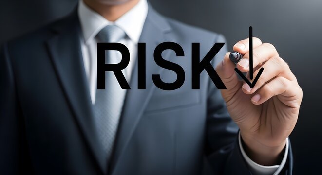 Businessman hand writing risk text with downward arrow as isolated element